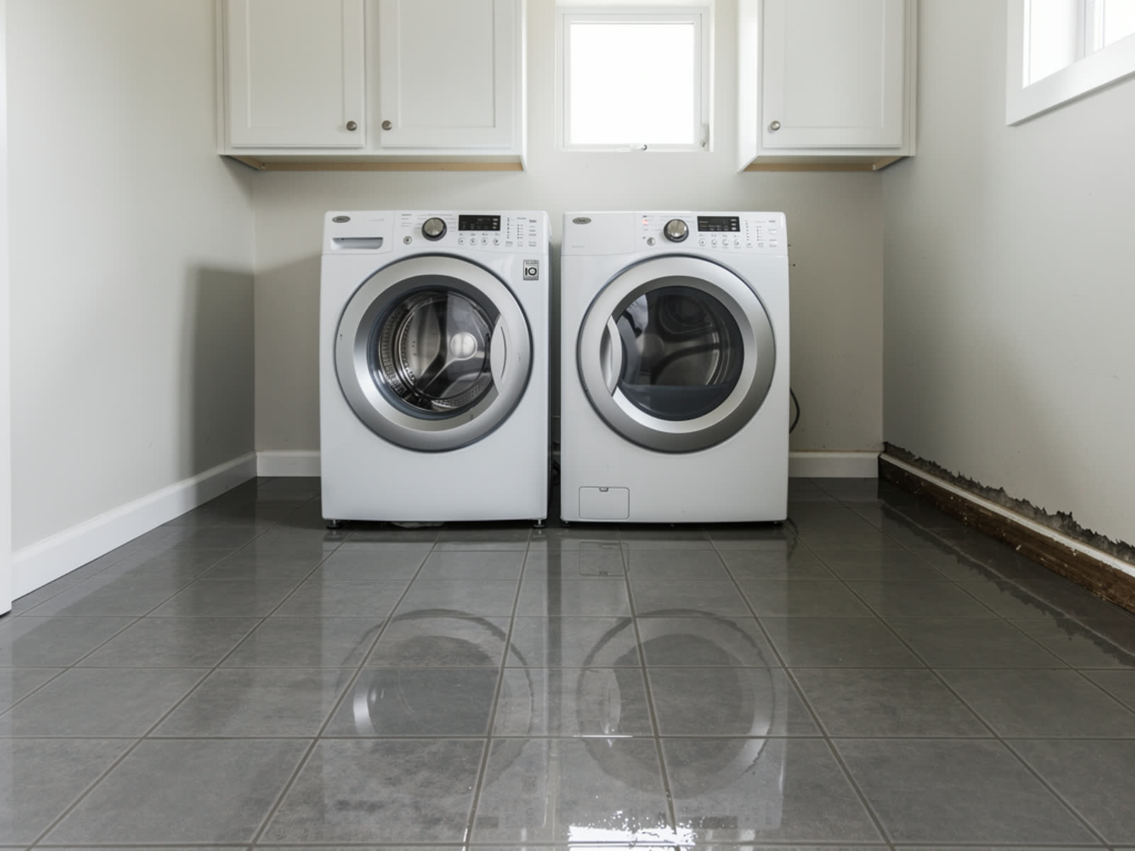 A laundry room floor covered in standing water after a washing machine hose failed