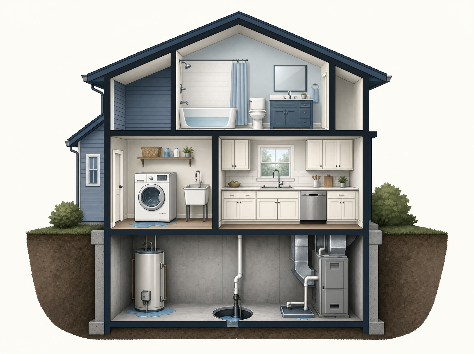 Cutaway illustration of a two-story house with basement showing six common leak zones